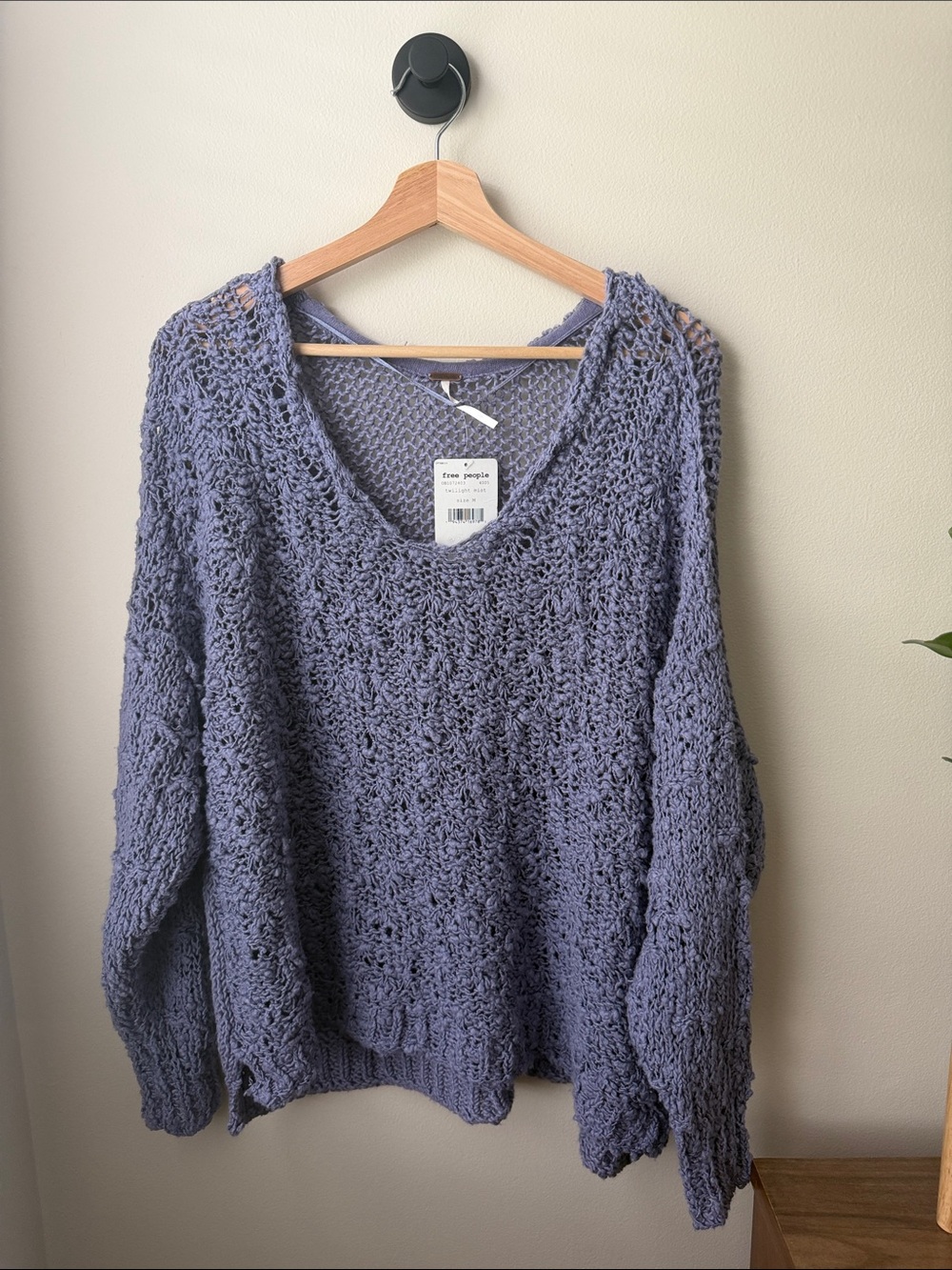 Free People Lavender Open-Weave V-Neck Pullover